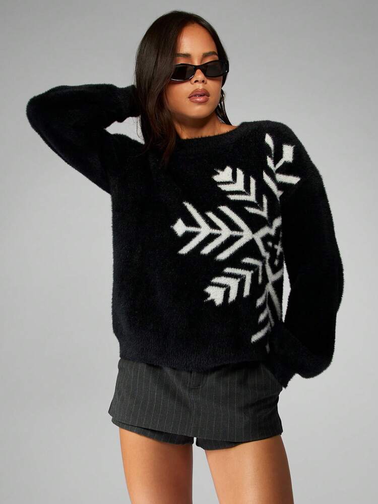 MISSGUIDED Pull tricoté d'hiver confortable avec motif flocon de neige, coupe oversize, idéal pour les fêtes de Noël et les occasions festives