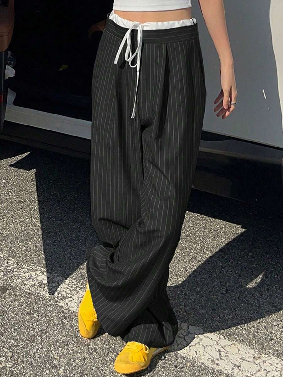 DAZY 青少年/青年女孩宽松直筒裤，拼色设计，休闲风格，秋季 - 黑色 - 查看 1