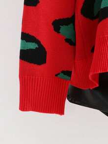 Franclia Contrast Color Leopard & Tiger Pattern Loose V-Neck Cardigan Sweater - Red - View 5