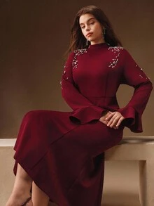 Anewsta Plus Size Women Elegant Party Rhinestone Decor Midi Fishtail Dress - Red - View 1