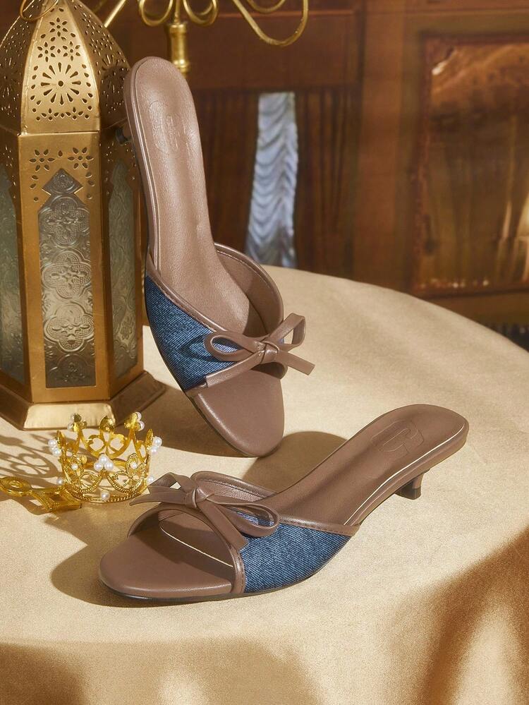 CUCCOO TILAWA Women's Elegant Bowknot Round Toe Kitten Heel Sandals, Sweet Romantic Blue & Brown PU Mixed, Suitable For Afternoon Tea, Date, Vacation For Christmas Summer Shoes