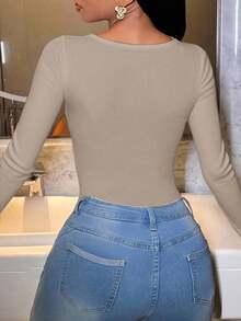 SHEIN 女士纯色甜心领长袖性感紧身衣 - 卡其色 - 查看 2