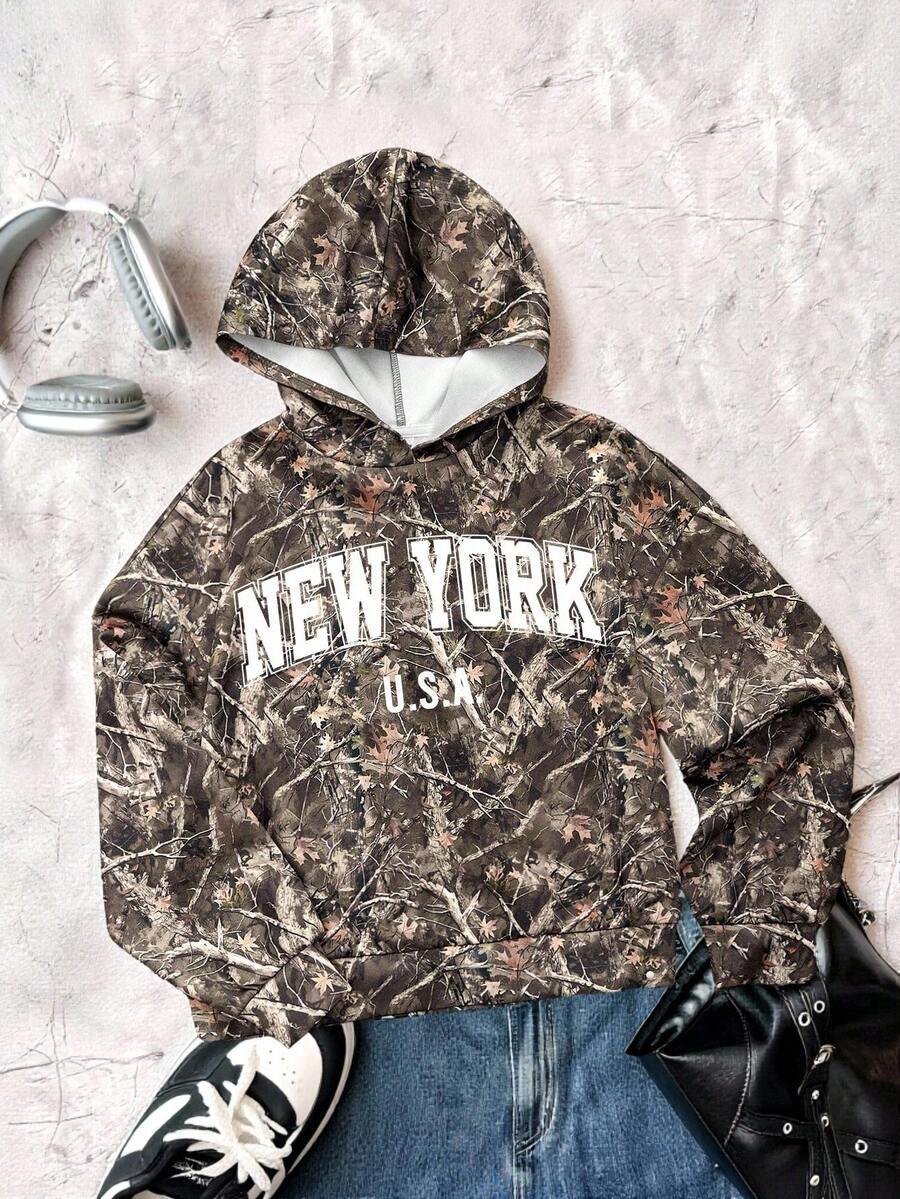 SHEIN Áo nỉ dệt kim in họa tiết đường phố và chữ "NEW YORK" dành cho bé gái tuổi teen, thích hợp cho mùa Thu Đông. - Nhiều màu - Xem 1