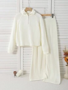 Tween Girl Solid Stand Collar Sweater And Knit Pants Set  Girls Sweater Sets Girl Sweater Pants Set Girl Knit Set Women Sweater Pants Set - Beige - View 6