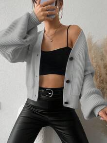 EURMUSE Cardigan casual versatil cu mânecă tip felinar în culoarea uni - Gri - Vizualizare 4