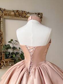 Lovelzi 优雅、浪漫、时尚的卡其色缎面人字纹中长连衣裙，适合度假、婚礼、毕业典礼、派对、鸡尾酒会、社交聚会、舞会 - 卡其色 - 查看 7