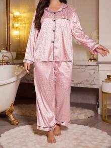 MuseNap CURVE Conjunto de pijama de talla grande con top de solapa y pantalones de estampado de leopardo de jacquard de seda sintética, ropa de otoño e invierno, conjunto de pijamas rosa - Rosa - Ver 5