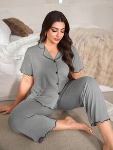 Lazeform Casual Loose Frill Trim Super Soft Drapey Lightweight Summer Knit Khaki Fabric Plus Size Frill Trim Short Sleeve Pants Set Curve Pajamas Set Button Up Pajama Set Lounge Wear Set Two Piece Sleepwear Set - Light Grey - View 5