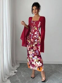 Elenzga Váy dài tay thêu hoa thanh lịch dành cho nữ mùa thu, phù hợp cho lễ tốt nghiệp, hẹn hò, tôn eo, tôn dáng - Màu Đỏ Sâu - Xem 4