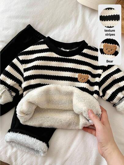 LMoss Kids 2 ชิ้น ชุดเสื้อสเวตเตอร์คอกลมลายทางสําหรับเด็กผู้ชายและกางเกง, ซับในเก็บความร้อน, หนา, ฤดูใบไม้ร่วง/ฤดูหนาว