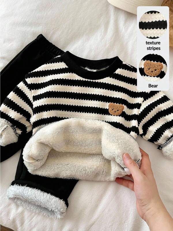 LMoss Kids 2pcs Baby Boy Striped Crew Neck Sweatshirt And Pants Set, Thermal Lined, Thickened, Autumn/Winter