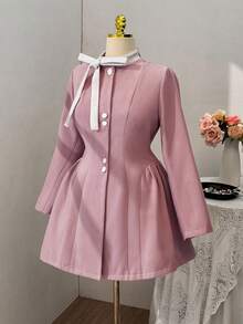 Sweetra Plus Size Women Elegancki design Kontrastowy kolor Patchwork Wysokiej jakości dwustronna wełniana tkanina Zapięcie na guziki Kołnierz stójka Dół w kształcie litery A Jesień/Zima Nowość, Nadaje się na powrót do szkoły, imprezę, wieczorne wyjście, Uniwersalny modny design Długi wełniany płaszcz