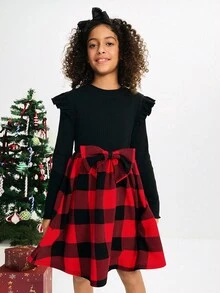 SHEIN Serisse Kids 青少年女孩黑色與紅色格紋拼接蝴蝶結荷葉邊長袖洋裝，優雅2件套，適合秋季、生日、返校日常穿著 - 紅色 - 查看 5