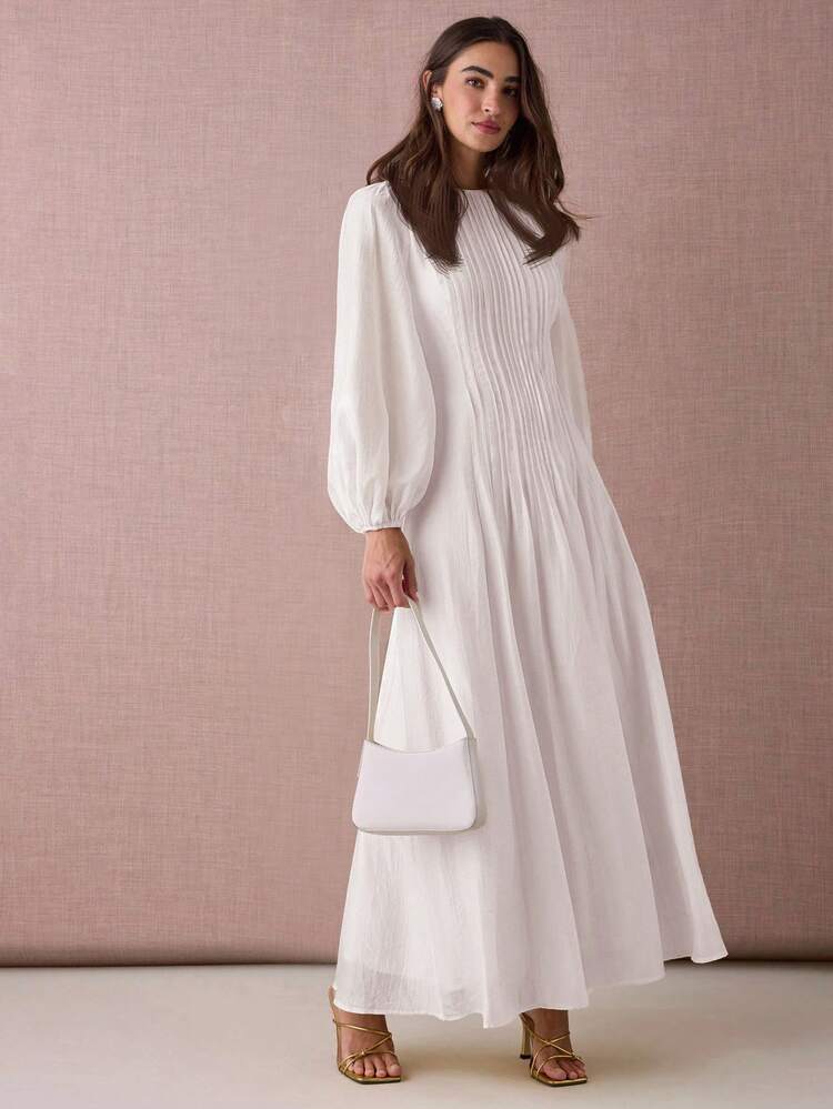 Enchnt Vestido Casual de Manga Longa Minimalista de Cor Sólida para Mulheres - Branco - Visão 5