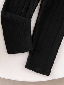 Elladie kids 2 st set med stickad, ribbad långärmad t-shirt och byxor för babyflickor, avslappnad höstoutfit - Svart - Visa 8