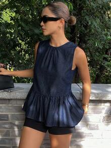 DAZY 女士夏季圆领无袖荷叶边下摆系带露背休闲牛仔衬衫度假 - 深色水洗藍 - 查看 4