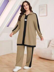 Lacomfia 2pcs Plus Size Casual Color Block Stand Collar Loose Top And Pants Set, Autumn 2 Pieces Set - Khaki - View 5
