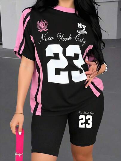 女士休闲创意23号字母标语印花T恤和自行车短裤套装