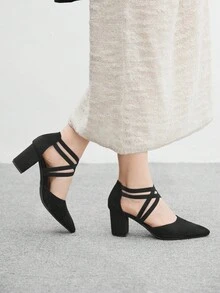 CUCCOO BIZCHIC Women's Fashion Black Elastic Strap Pointed Toe Chunky High Heel Pumps, Suitable For Commute, Date, Party, Wedding, Holiday For Christmas Spring Shoes - Black - View 7