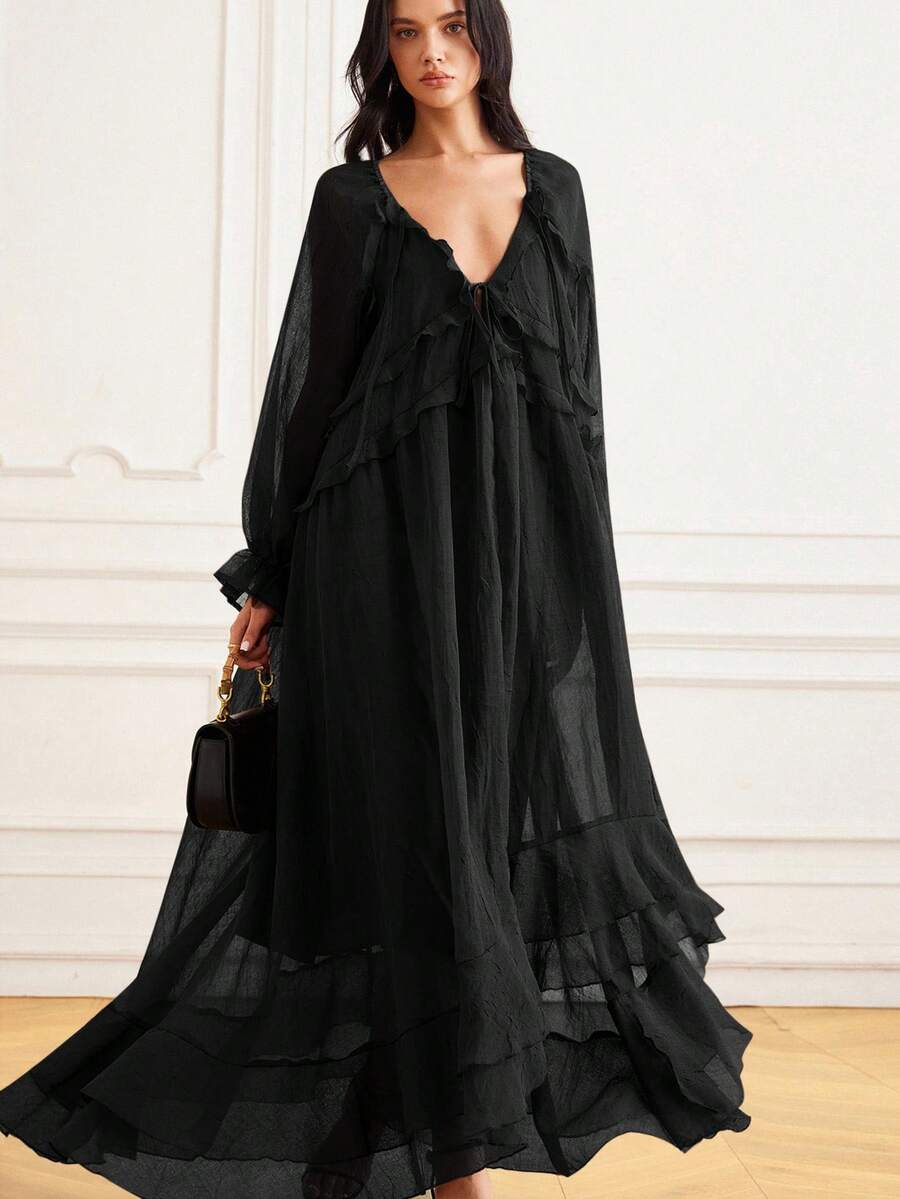 Aveloria Rosie 优雅透视荷叶边长袖连衣裙，时尚欧美风，法式氛围，层叠荷叶边下摆连衣裙，氛围，新款休闲长款雪纺连衣裙，波西米亚海滩女神飘逸连衣裙 - 黑色 - 查看 1
