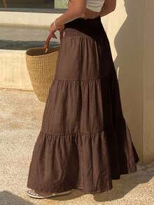 DAZY Women's Long Bohemian Beach Shirred Skirt With Adjustable Waist Vacation Outfits Women - Coffee Brown - View 2