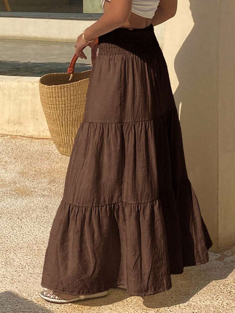 Women's Long Bohemian Beach Shirred Skirt With Adjustable Waist Vacation Outfits Women