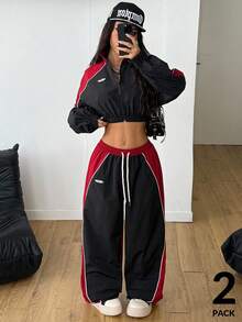 Coolane Concert Streetwear Going Out Sportswear Color-Blocked Banded Texture Decoration Pants And Piping Crop Black Jacket,2pcs,Fall Clothes For Women Halloween,Winter Clothes