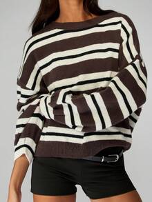 MISSGUIDED Boxy Fit Oversized Striped Knit Sweater Winter Casual Pullover Brown White Pattern Balloon Sleeve Classic Ribbed Crew Neck Fall Fashion Knitwear - Multicolor - View 5