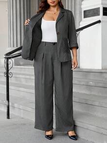 Easura Plus Size Women Autumn Lapel Striped 3/4 Sleeve Casual Suit Jacket And Loose Pants Set - Dark Grey - View 3