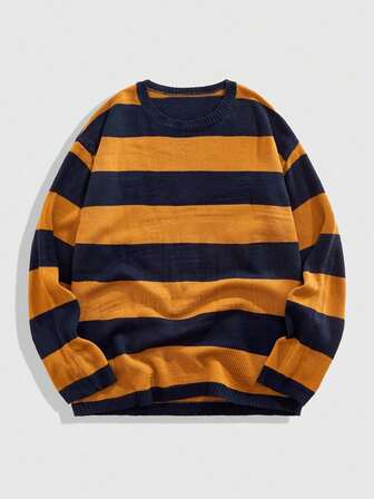 Academia Suéter casual de cuello redondo de manga larga a rayas para hombre