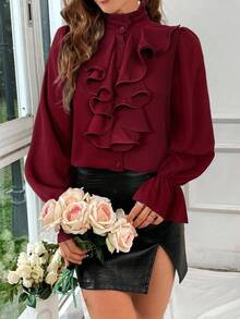 Firerie Women's Exaggerated Ruffle Collar Long Sleeve Blouse,Red Top - Burgundy - View 3