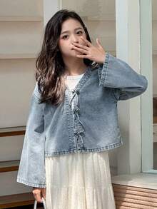 DAZY 少女休闲水洗牛仔蝴蝶结装饰喇叭袖衬衫 - 藍色 - 查看 1