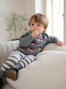 SHEIN 幼儿男童毛衣套装，狐狸条纹提花宽松毛衣两件套，适合秋冬季