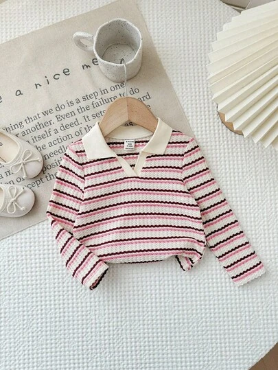 SHEIN LMoss Kids Randig, kort t-shirt med krage och figursydd babyflicka, höstkläder för flickor