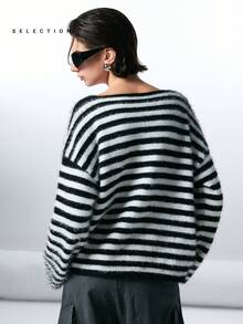 LYSMO 休闲宽松落肩条纹毛衣，秋冬 - 黑與白 - 查看 2