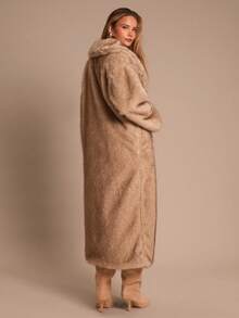 SHEIN Glamour 奢华仿皮草大衣，女士翻领开襟长袖外套，女士冬季外套，商务休闲装，机场旅行，加厚冬装，大地色系，女士冬季蓬松奢华款 - 咖啡棕 - 查看 7