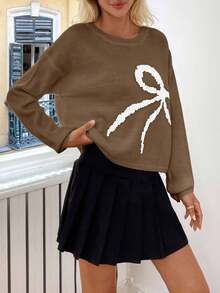 RueChic Casual Bowknot Pattern Dropped Shoulder Sweater, Autumn/Spring,Jumper,Cream Jumper,Jumpers For Women,Jumpers,Black Jumper,Womens Jumper,White Jumper,Women's Jumper,Women's Jumpers,Winter Clothes - Camel - View 7