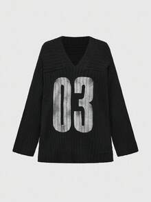 ROMWE Grunge Punk Blockcore Digital Print V-Neck Loose Pullover Sweater - Black - View 1