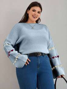 EURMUSE Heart Patterned Flared Sleeve Ribbed Knit Sweater - Multicolor - View 6