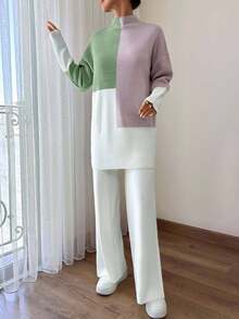EURMUSE Women Colorblock Sweater Solid Color Wide Leg Pants Set Petite Autumn Clothes Lounge White Off-White Minimalist Casual - Multicolor - View 6