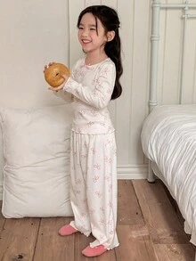 DAZY 少女蝴蝶结印花圆领长袖上衣和裤子睡衣套装 - 米色 - 查看 5