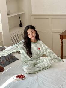 DAZY 2 st/set för flickor, rund hals, randig stickad t-shirt och byxor, loungewear-set, höst och påsk - Grön - Visa 6