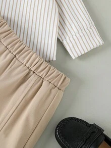 Baby Boy Unisex Infant Casual Striped Long Sleeve Mandarin Collar Shirt, Khaki Casual Pants And Faux Knitted Vest 3-Piece Set Fall Winter Baby Boy Fall Clothes Baby Casual Sets Brown Vest Mocha Baby Clothes Baby Boy Outfit 6M-3T Baby Boy Clothes Baby Boy Outfits Kids Clothes Boys - Multicolor - View 5