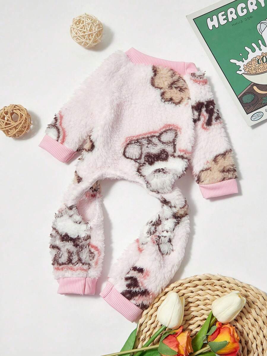 PETSIN 1件宠物狗和猫通用粉色羊毛保暖摇粒绒卡通小狗印花连体衣 - 彩色 - 查看 1