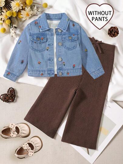 Baby Girls' Light Blue Washed Denim Jacket, Baby Girl New Floral Embroidery Casual Cardigan, Soft & Comfortable Fabric, Ideal Gift, Perfect For Holidays And Outdoor Wear Fall Winter