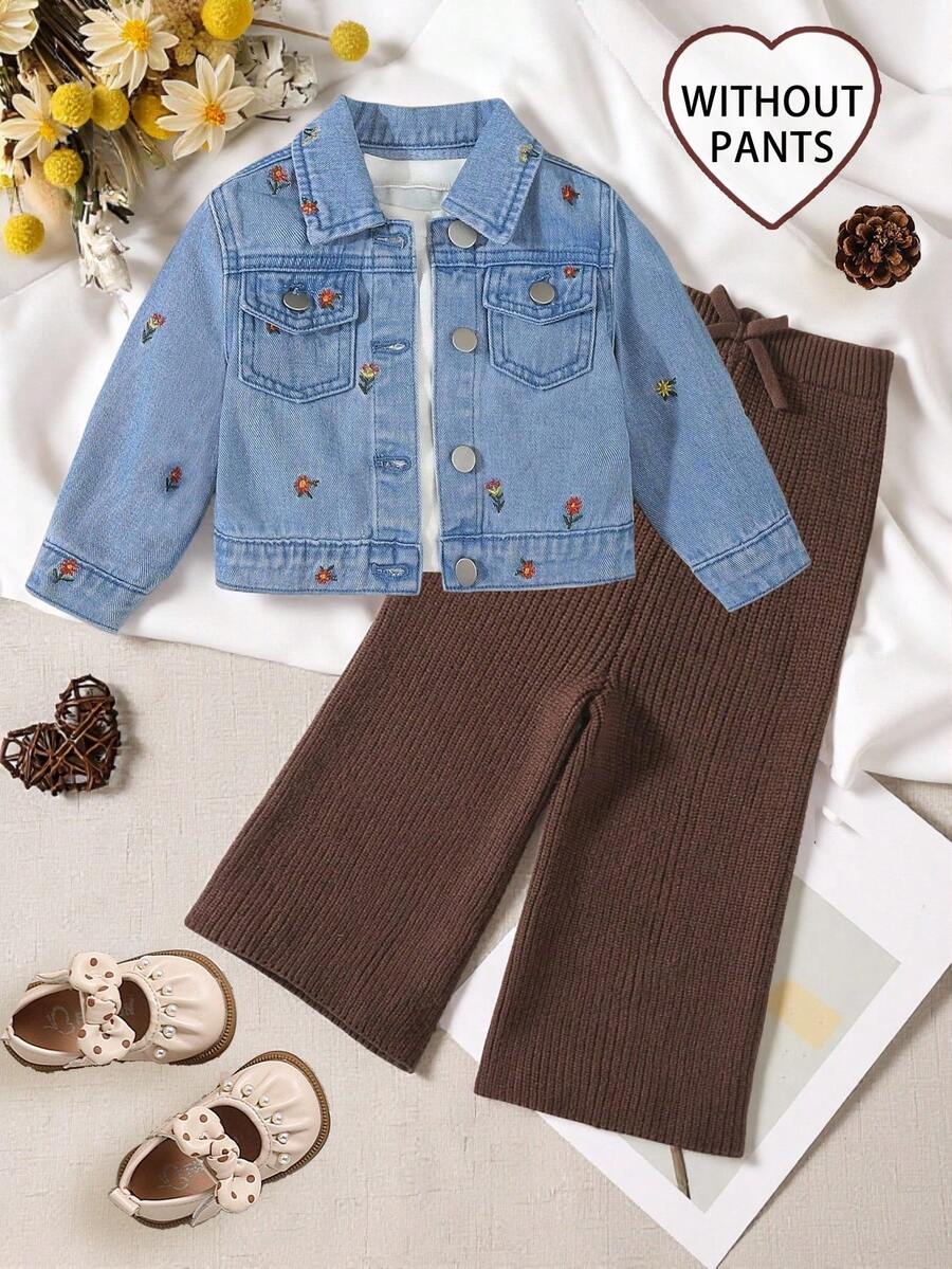 Áo khoác denim giặt màu xanh nhạt cho bé gái, áo khoác cardigan thêu hoa thường ngày cho bé gái, vải mềm mại và thoải mái, quà tặng lý tưởng, hoàn hảo cho ngày lễ và mặc ngoài trời - Rửa trung bình - Xem 1
