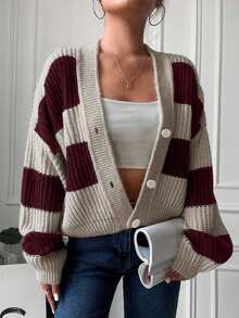 SHEIN Women's Striped Drop Shoulder Long Sleeve Single-Breasted Casual Loose Cardigan
