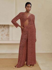 EMERY ROSE 2pcs Solid Color Hollow Long Sleeve V-Neck Cardigan & Straight Leg Pants Outdoor Casual Beach Holiday Set For Women, Spring/Summer - Rust Brown - View 7