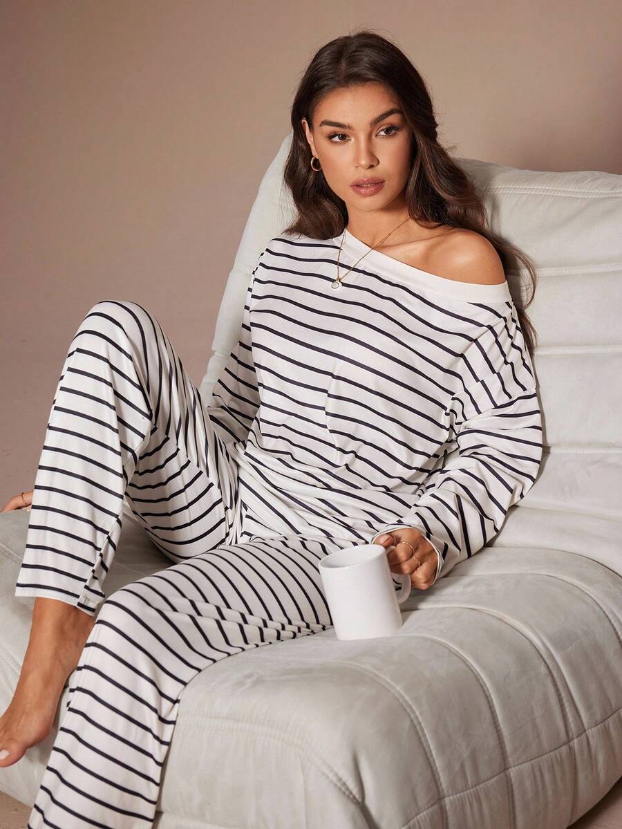 Lazeform Striped Print Casual Asymmetric Neck Women Lounge Set Fall Winter Clothes - Apricot - View 1