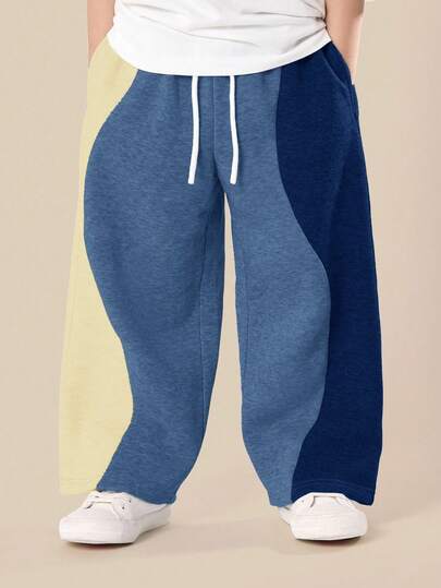 SUMWON Retro Color Block Sweatpant Comfortable Wide Leg Jogger Elastic Waistband Casual Lounge Pant With Side Pockets Loose Fit Spring Fall Winter Everyday Wear